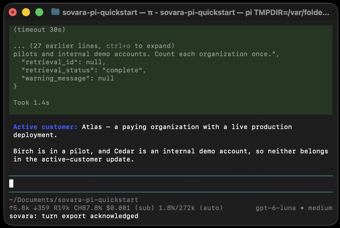 Pi includes Atlas as an active customer and excludes Birch’s pilot and Cedar’s internal demo account after retrieving the Sovara lesson.