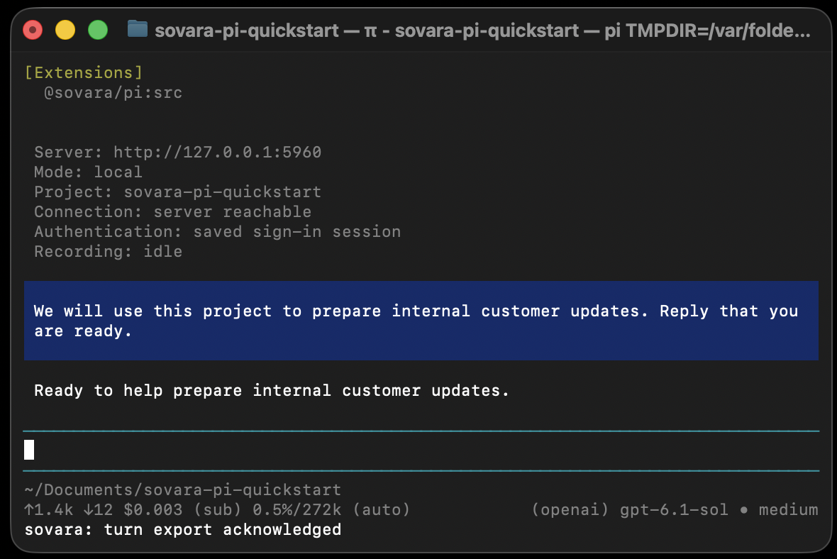 Pi confirms it is ready to prepare internal customer updates, with the Sovara connection reachable and the turn export acknowledged.